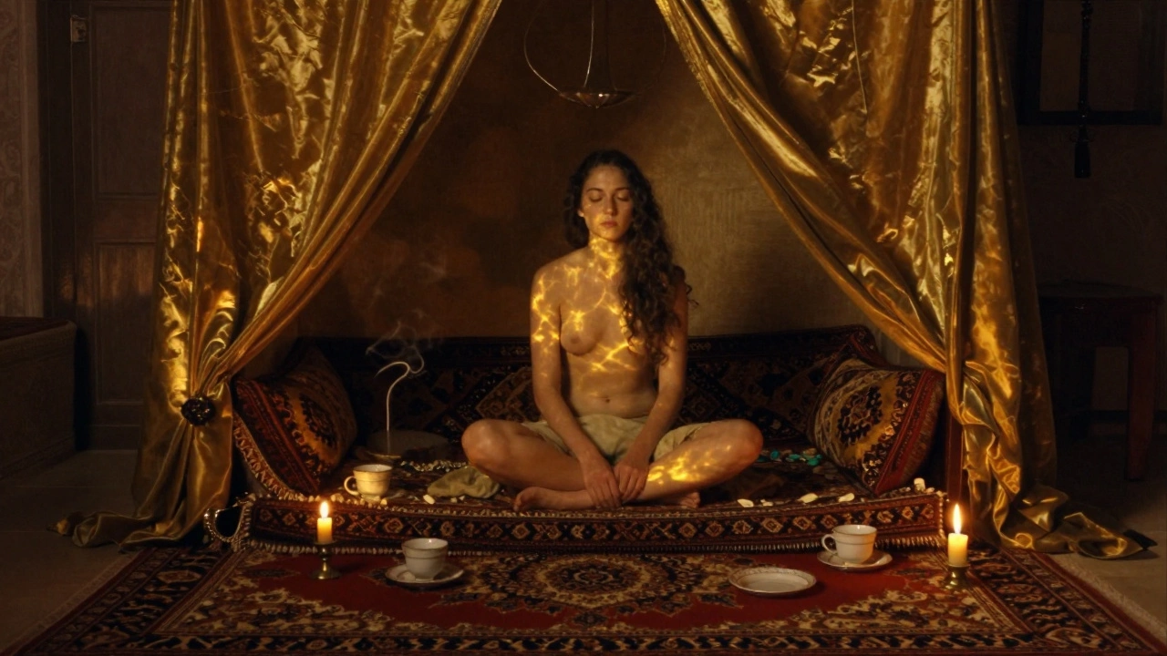 A serene, candlelit room with silk drapes and teacups, a woman sits quietly in stillness, no people visible.
