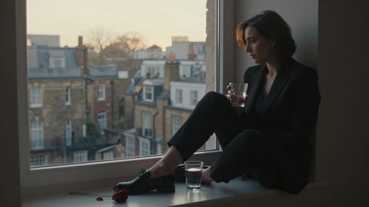 A woman sits alone by a window at dawn, a glass of water beside her, soft morning light filling the room.